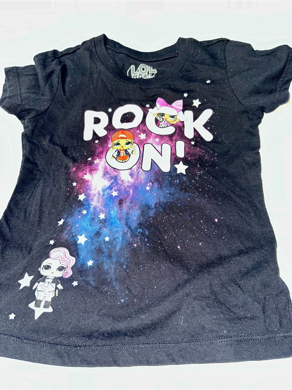 L.O.L. Surprise! Black Tee with Pink & Blue Galaxy 'Rock On' Graphic